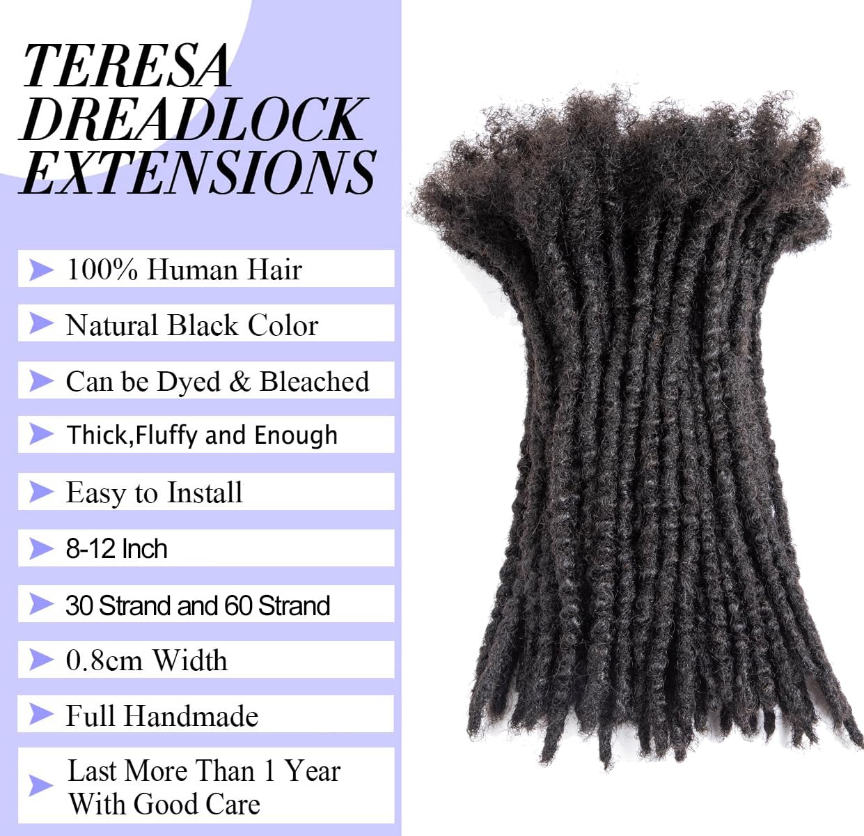 Teresa 0.8cm & 0.6cm & 0.4cm & 0.2cm Width 6-18 Inch 10, 20, 40, 70, 100 strands 100% Human Hair Dreadlock Extensions Men/Women,Full Handmade Permanent Human Loc Extensions Bundles(0.8cm,6 Inch)