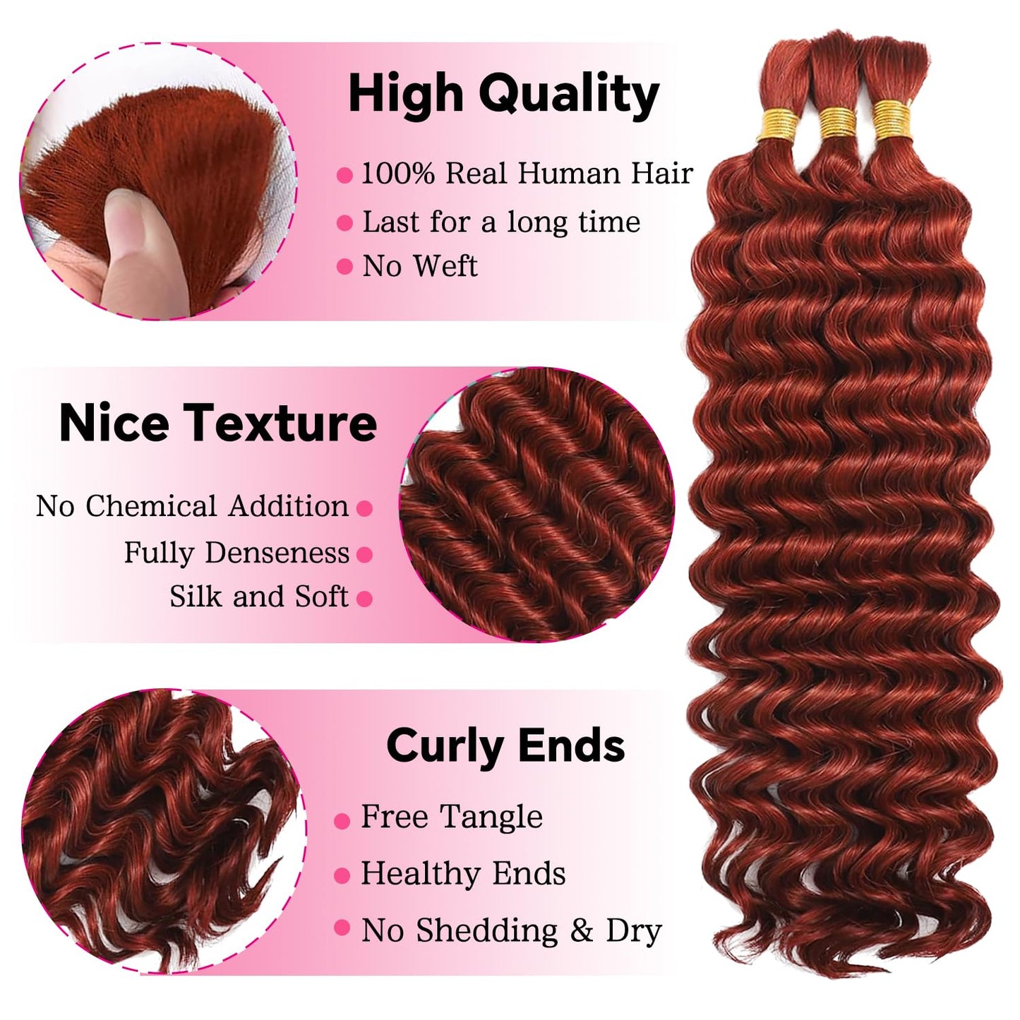 Human Braiding Hair 110g 3 Bundles 18 Inch Deep Wave Bulk Human Hair No Weft Brazilian Virgin Deep Curly Human Hair Extensions Wet and Wavy 99J Burgundy Braiding Hair for Micro Braids