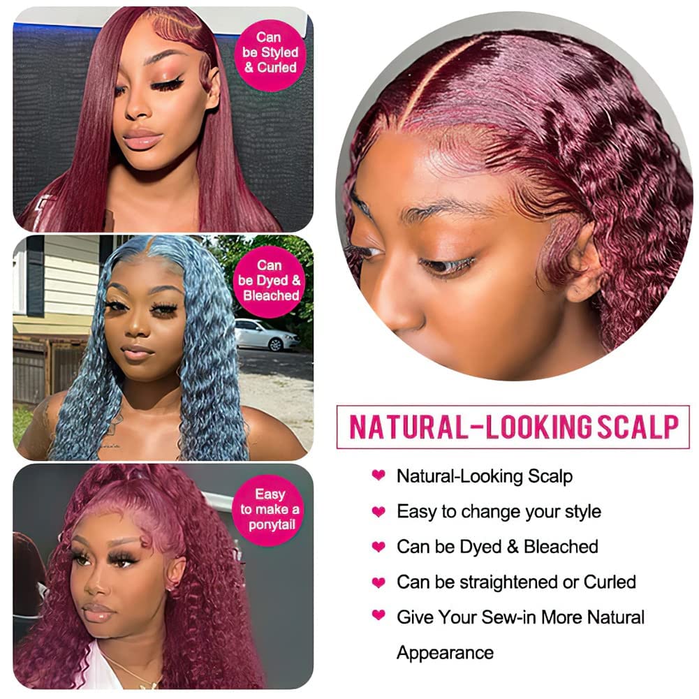 Larhali 99J HD Lace Front Wigs Human Hair Pre Plucked 180% Density Burgundy 13x6 Deep Wave Frontal Wigs Natural Hairline Human Hair Wigs for Black Women(24 Inch)