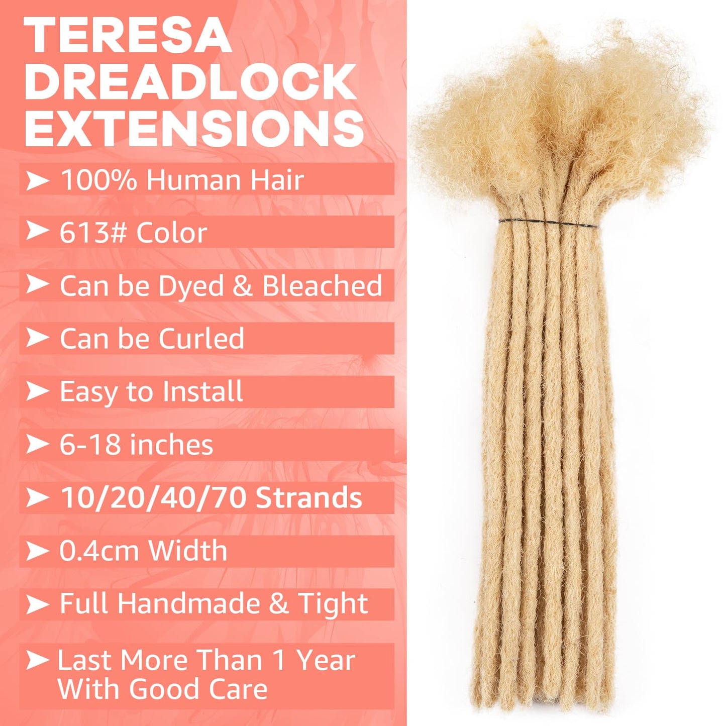 Teresa 0.8cm & 0.6cm & 0.4cm & 0.2cm Width 6-18 Inch 10, 20, 40, 70, 100 strands 100% Human Hair Dreadlock Extensions Men/Women,Full Handmade Permanent Human Loc Extensions Bundles(0.8cm,6 Inch)