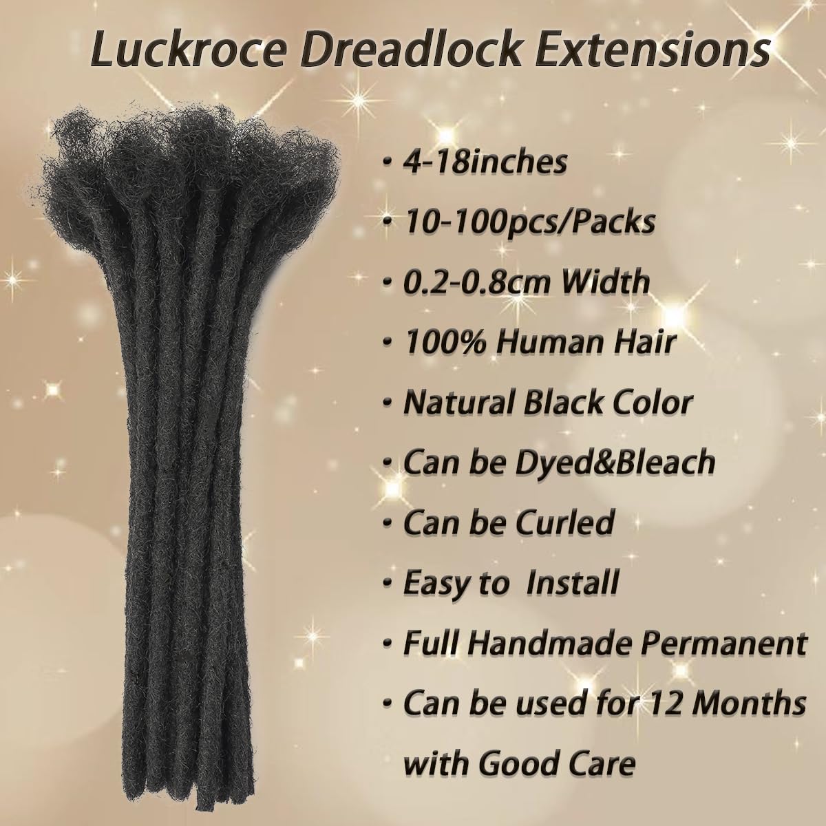 Dreadlock Extension Human Hair 8inch 0.8cm Width 100% Permanent Huamn Hair Loc Extension Can Be Dyed Bleached Curled Handmade Loc Extension for Men Women (30 Strands Natual Black)
