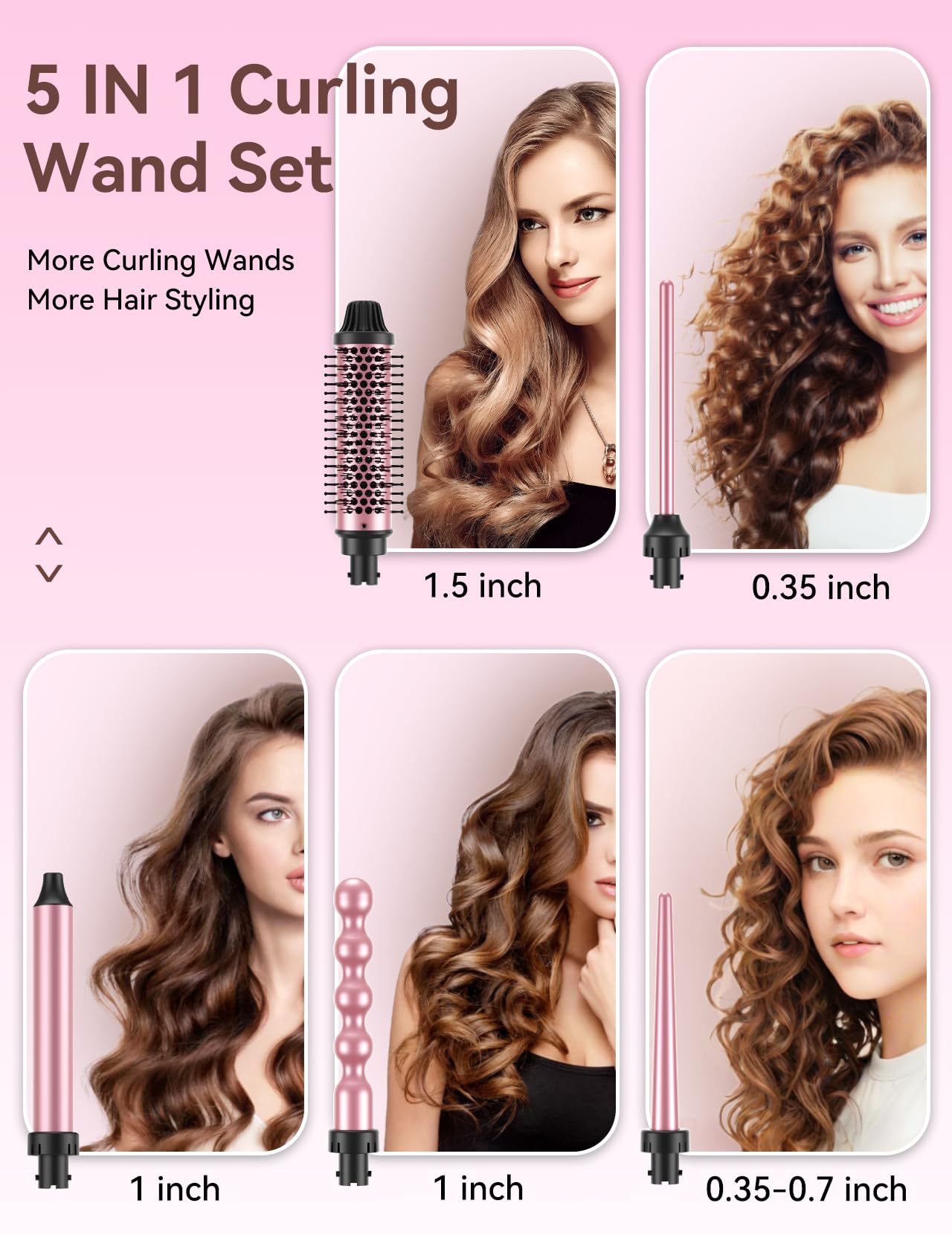 LANDOT 5-in-1 Curling Iron Wand Set: Hair Curler Set with Curling Thermal Brush 1-1/2 inch and 4 Interchangeable Ceramic Curling Wand (0.35”-1.25”) - Instant Heat Up Long Lasting Curls