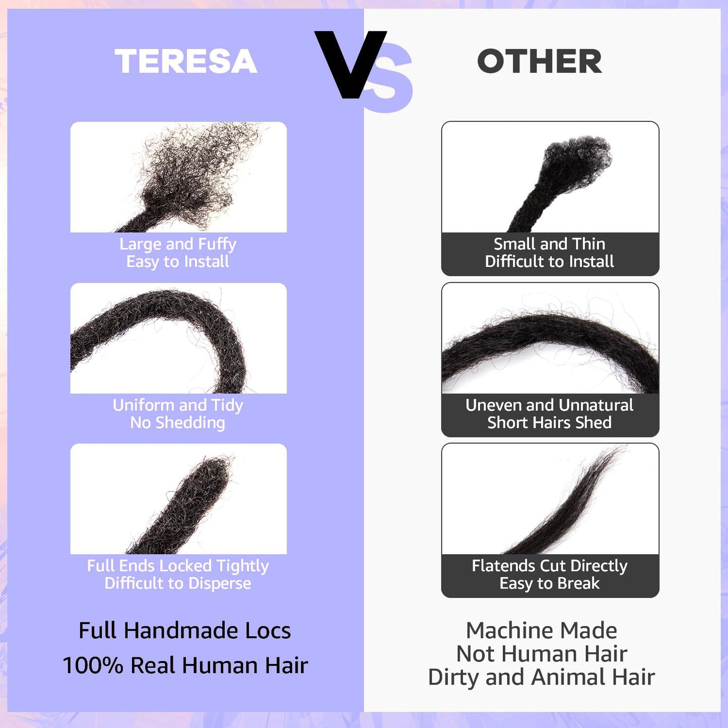 Teresa 0.8cm & 0.6cm & 0.4cm & 0.2cm Width 6-18 Inch 10, 20, 40, 70, 100 strands 100% Human Hair Dreadlock Extensions Men/Women,Full Handmade Permanent Human Loc Extensions Bundles(0.8cm,6 Inch)