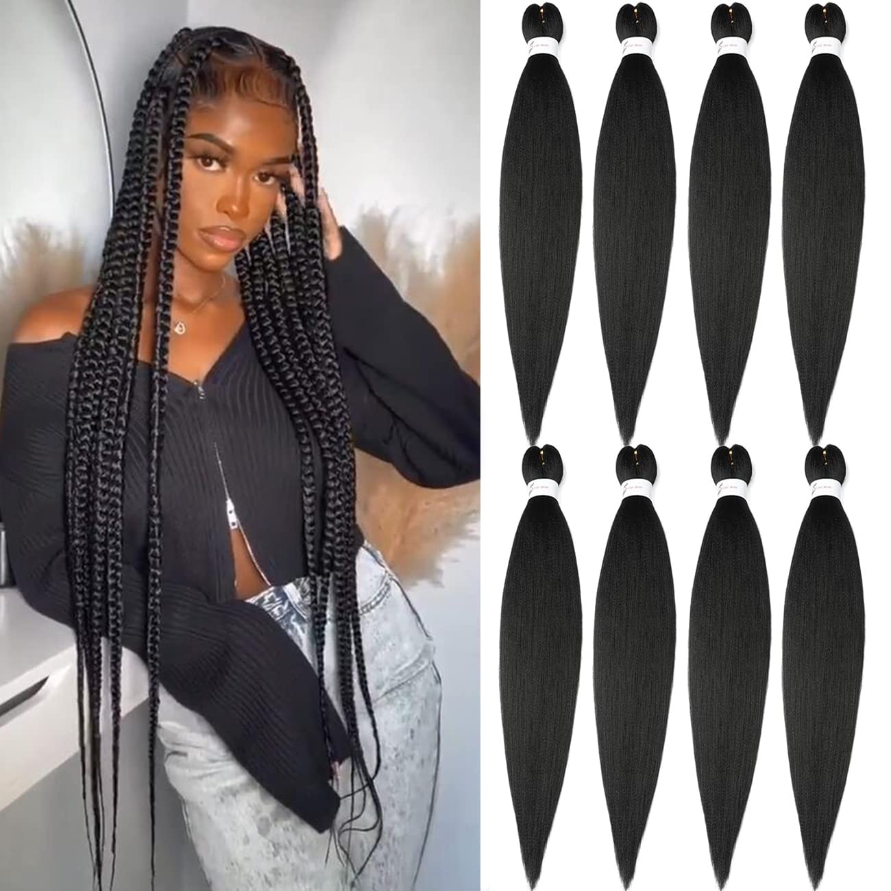 Braiding Hair Pre Stretched 24 Inch 8 Packs Ombre Braiding Hair Professional Soft Braiding Hair Yaki Texture, No Itch, Hot Water Setting Hair Extensions for Braids (24in,1B/30)