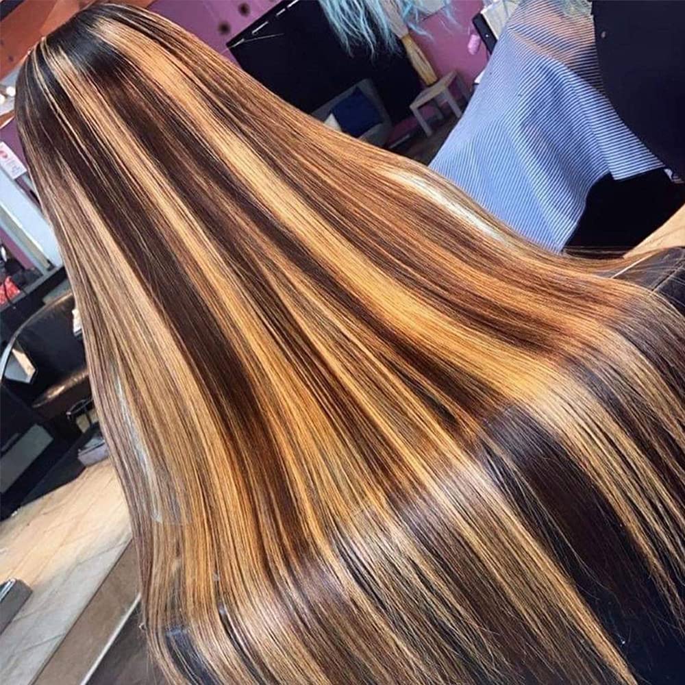 Ombre Highlight Lace Front Wig Human Hair 13x4 Glueless Transparent HD Lace Frontal Wigs Pre Plucked With Baby Hair Straight Brazilian Blonde 4/27 Human Hair Wigs 180% Density for Black Women 22 Inch