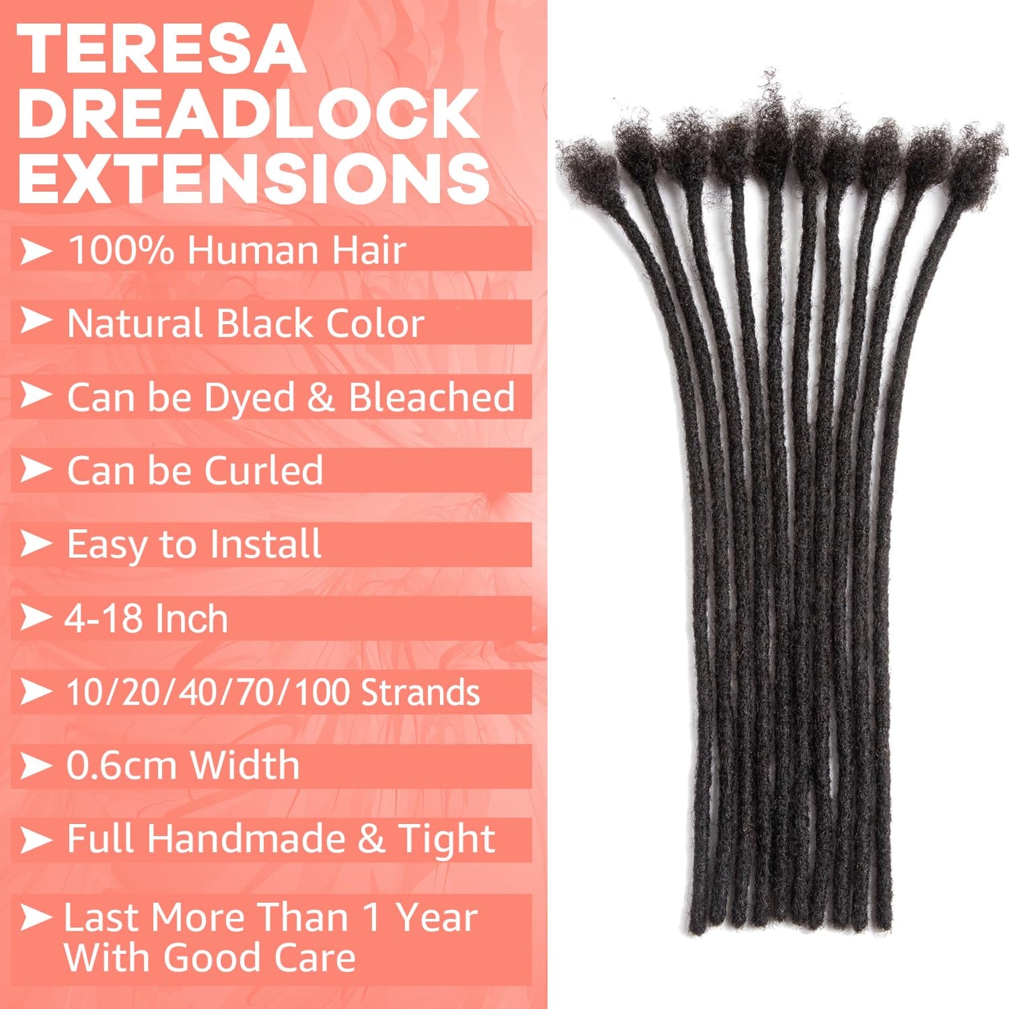 Teresa 0.8cm & 0.6cm & 0.4cm & 0.2cm Width 6-18 Inch 10, 20, 40, 70, 100 strands 100% Human Hair Dreadlock Extensions Men/Women,Full Handmade Permanent Human Loc Extensions Bundles(0.8cm,6 Inch)