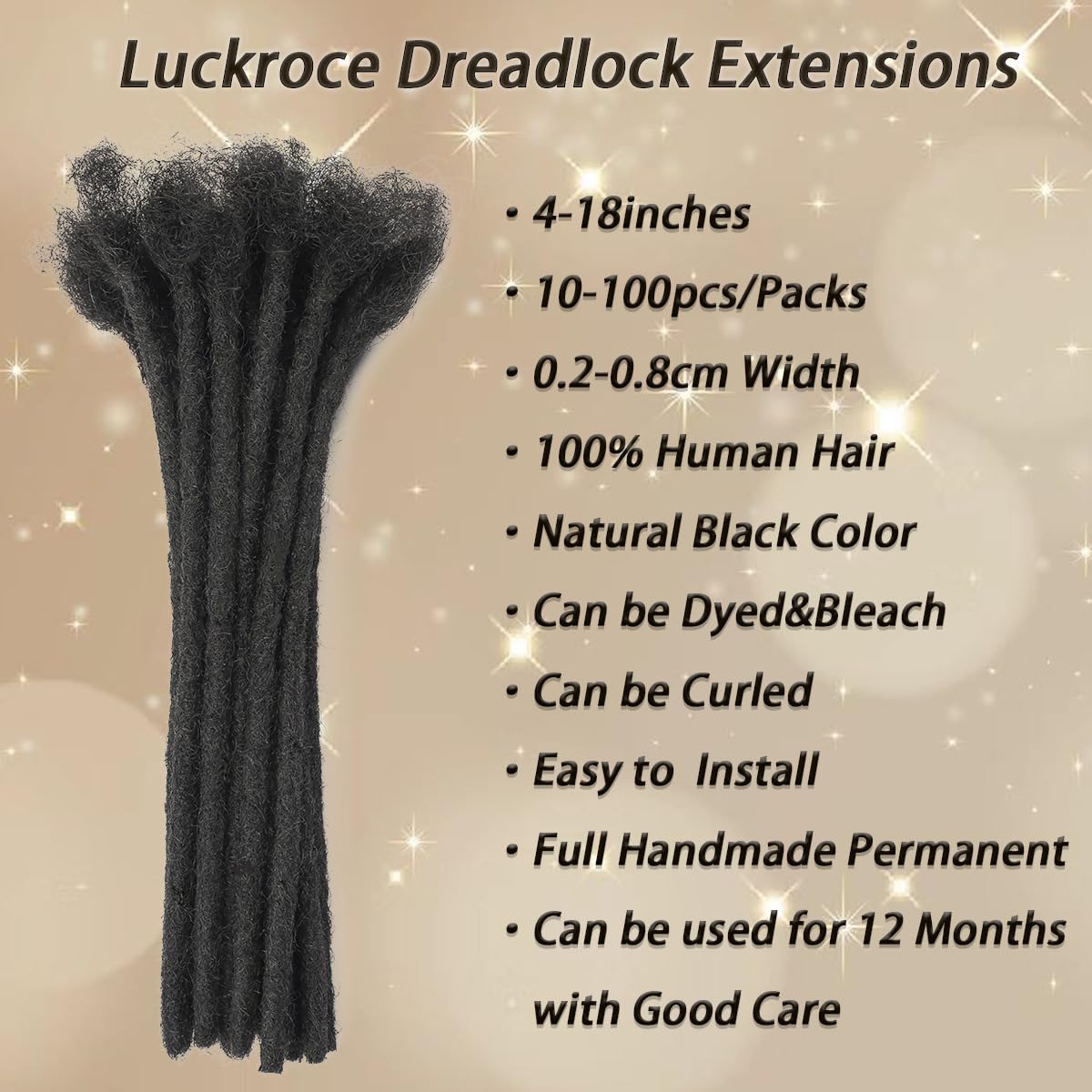 Dreadlock Extension Human Hair 8inch 0.8cm Width 100% Permanent Huamn Hair Loc Extension Can Be Dyed Bleached Curled Handmade Loc Extension for Men Women (30 Strands Natual Black)