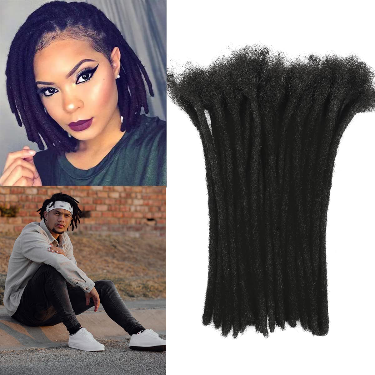 Dreadlock Extension Human Hair 8inch 0.8cm Width 100% Permanent Huamn Hair Loc Extension Can Be Dyed Bleached Curled Handmade Loc Extension for Men Women (30 Strands Natual Black)