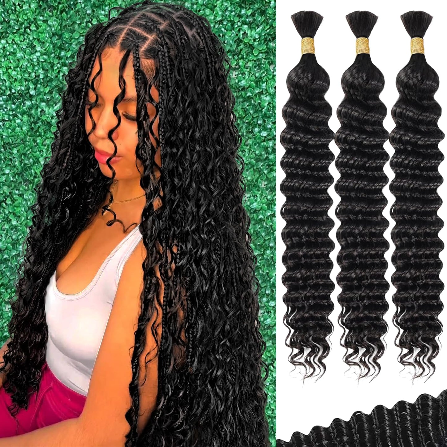 Human Braiding Hair 110g 3 Bundles 18 Inch Deep Wave Bulk Human Hair No Weft Brazilian Virgin Deep Curly Human Hair Extensions Wet and Wavy 99J Burgundy Braiding Hair for Micro Braids