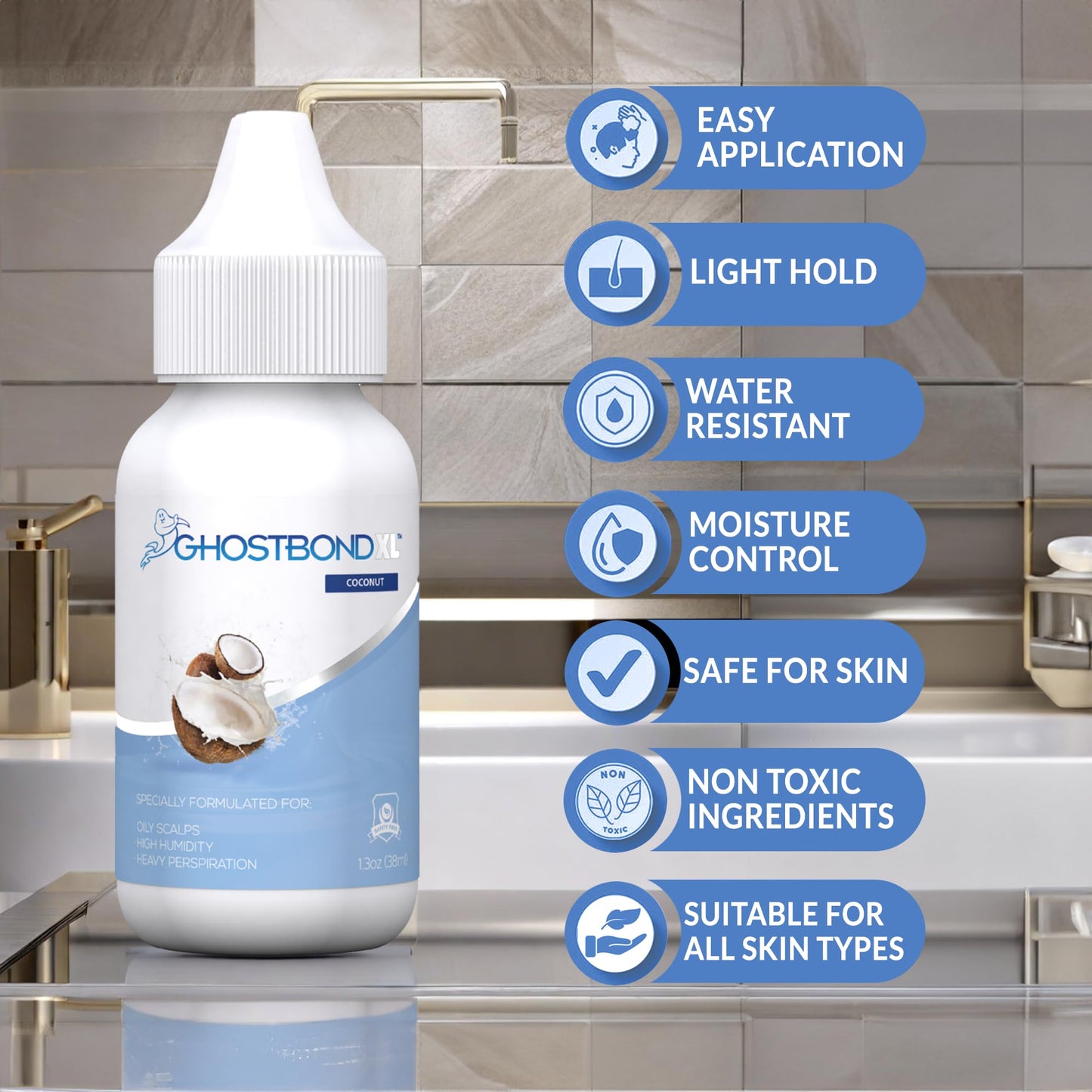 GHOSTBOND XL Hair Replacement Adhesive - 1.3oz - Invisible Bonding Wig Glue: Extra Moisture Control - Water & Oil-Resistant, Light Hold for Poly and Lace Hairpiece, Wig, Toupee Systems, (Peach)