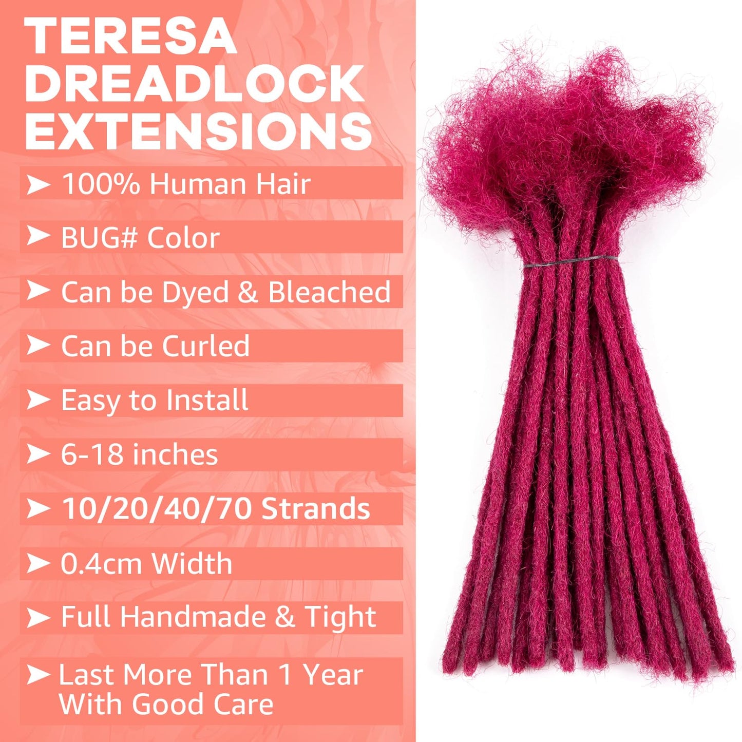 Teresa 0.8cm & 0.6cm & 0.4cm & 0.2cm Width 6-18 Inch 10, 20, 40, 70, 100 strands 100% Human Hair Dreadlock Extensions Men/Women,Full Handmade Permanent Human Loc Extensions Bundles(0.8cm,6 Inch)