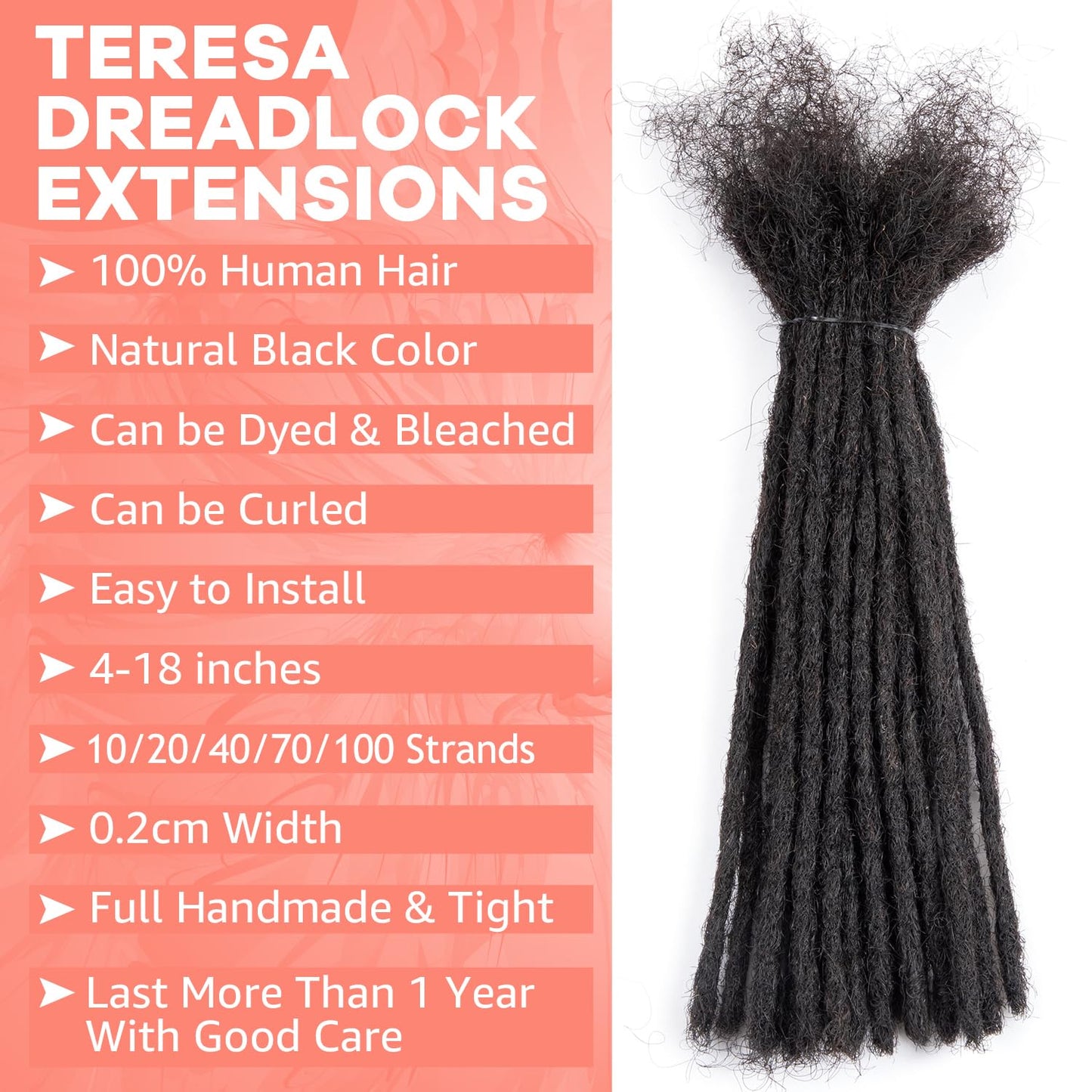 Teresa 0.8cm & 0.6cm & 0.4cm & 0.2cm Width 6-18 Inch 10, 20, 40, 70, 100 strands 100% Human Hair Dreadlock Extensions Men/Women,Full Handmade Permanent Human Loc Extensions Bundles(0.8cm,6 Inch)