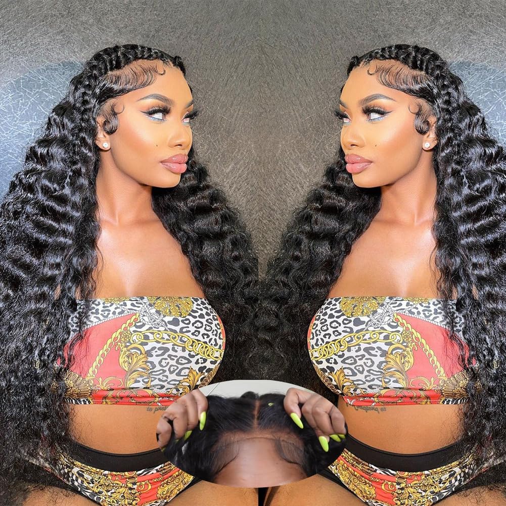 Water Wave 4x4 Lace Front Wigs Human Hair Pre Plucked, 180% Density Brazilian Virgin Wet and Wavy Wigs for Women Curly Wig with Baby Hair Natural Color 24 Inch