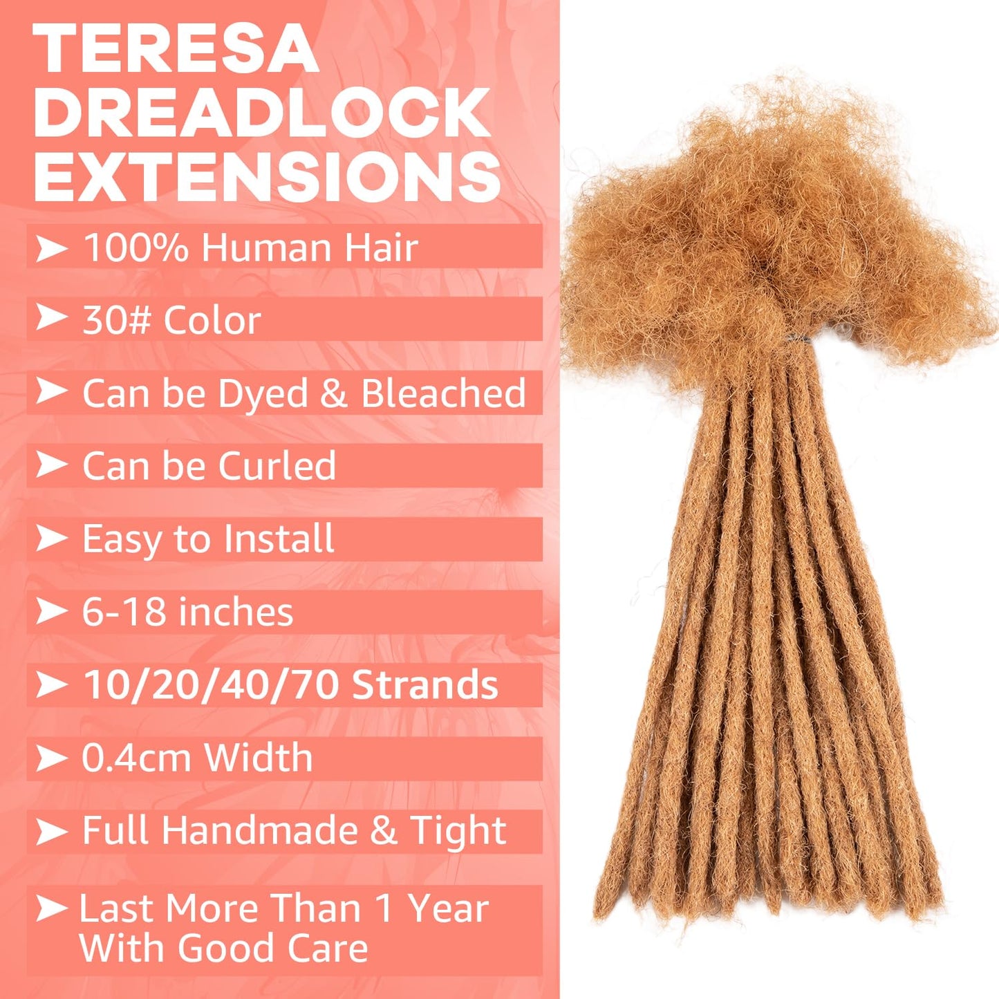 Teresa 0.8cm & 0.6cm & 0.4cm & 0.2cm Width 6-18 Inch 10, 20, 40, 70, 100 strands 100% Human Hair Dreadlock Extensions Men/Women,Full Handmade Permanent Human Loc Extensions Bundles(0.8cm,6 Inch)