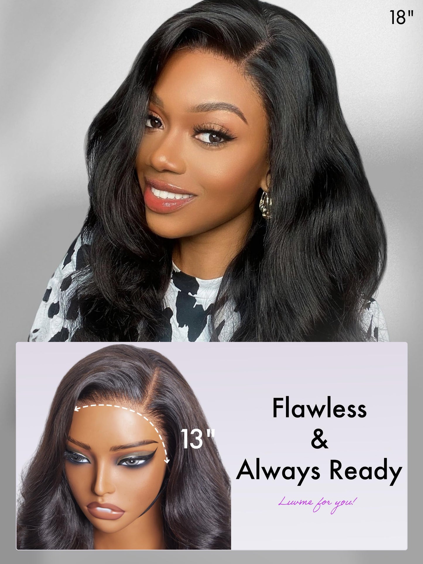 LUVME HAIR 18'' Loose Body Wave Lace Front Wigs Human Hair 13x4 Pre Cut Lace Glueless Human Hair Wig Pre Plucked Long Black Body Wave Wig 180 Density