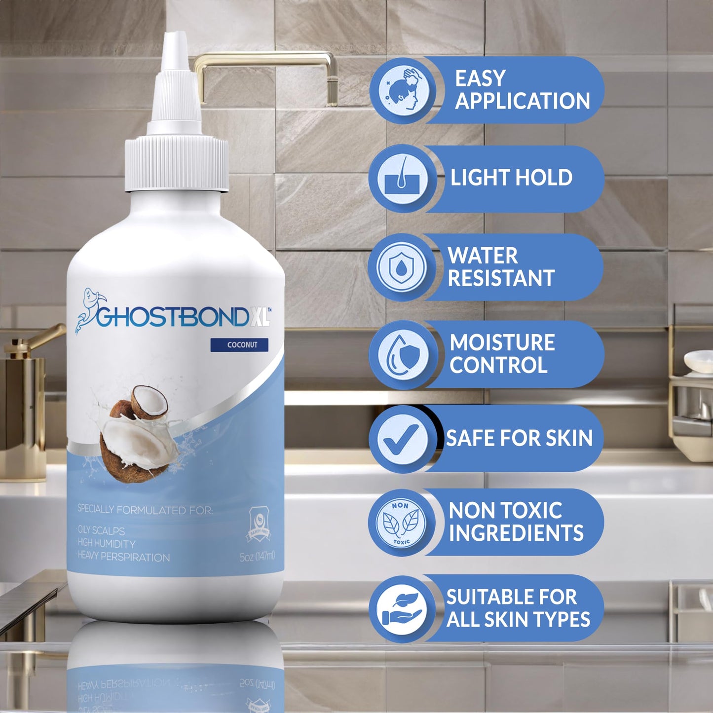 GHOSTBOND XL Hair Replacement Adhesive - 1.3oz - Invisible Bonding Wig Glue: Extra Moisture Control - Water & Oil-Resistant, Light Hold for Poly and Lace Hairpiece, Wig, Toupee Systems, (Peach)