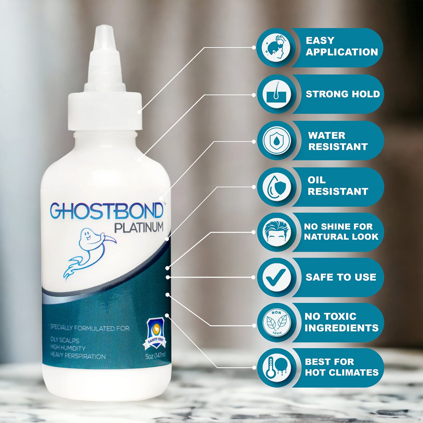 GHOSTBOND Platinum Water Resistant Wig Glue for Extreme Heat - 1.3oz - Hair Replacement Adhesive for Poly and Lace Wigs. Invisible Bonding Hair Glue - Strong Hold Lace Front Glue