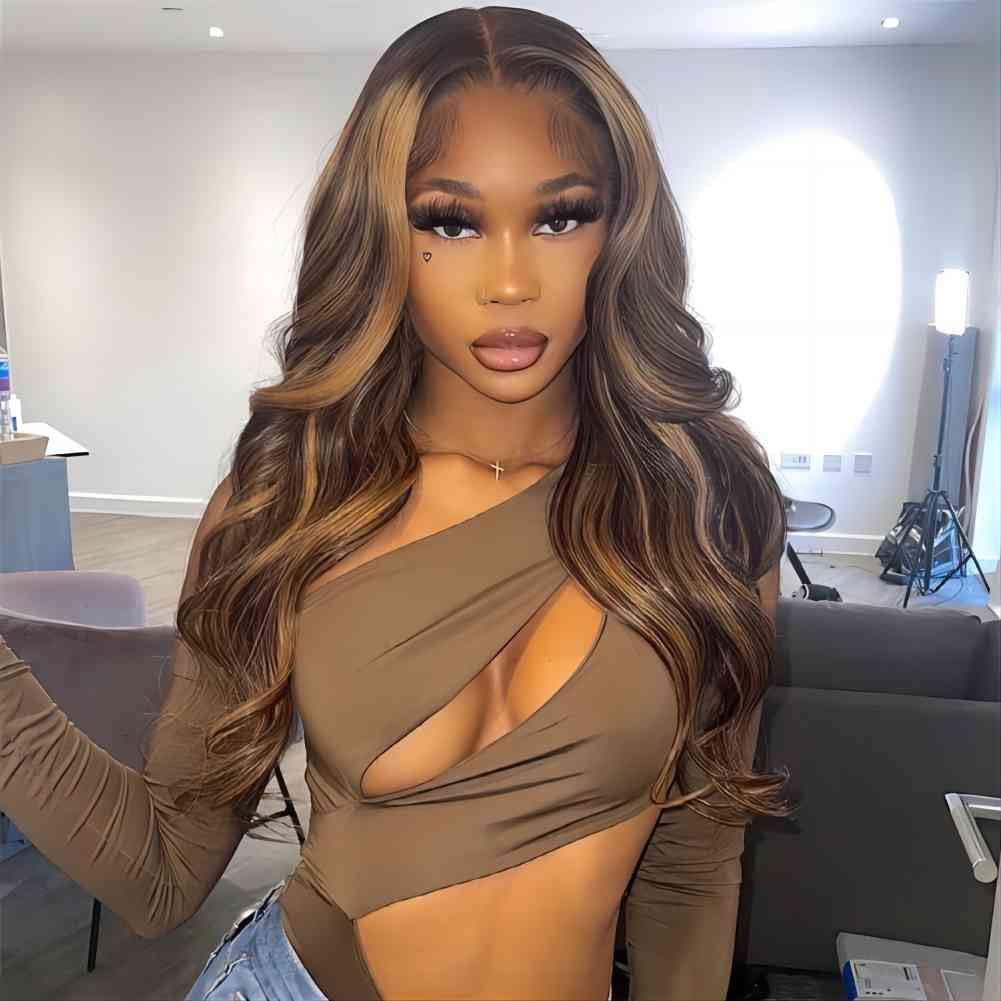 ISEE Wear & Go Glueless Wig Highlight Brown Wigs Silky Straight Pre-plucked 4x6 HD Transparent 4/27 Honey Blonde Lace Frontal Wigs 180% Density Colored Straight Human Hair Wigs for Women 28 Inch