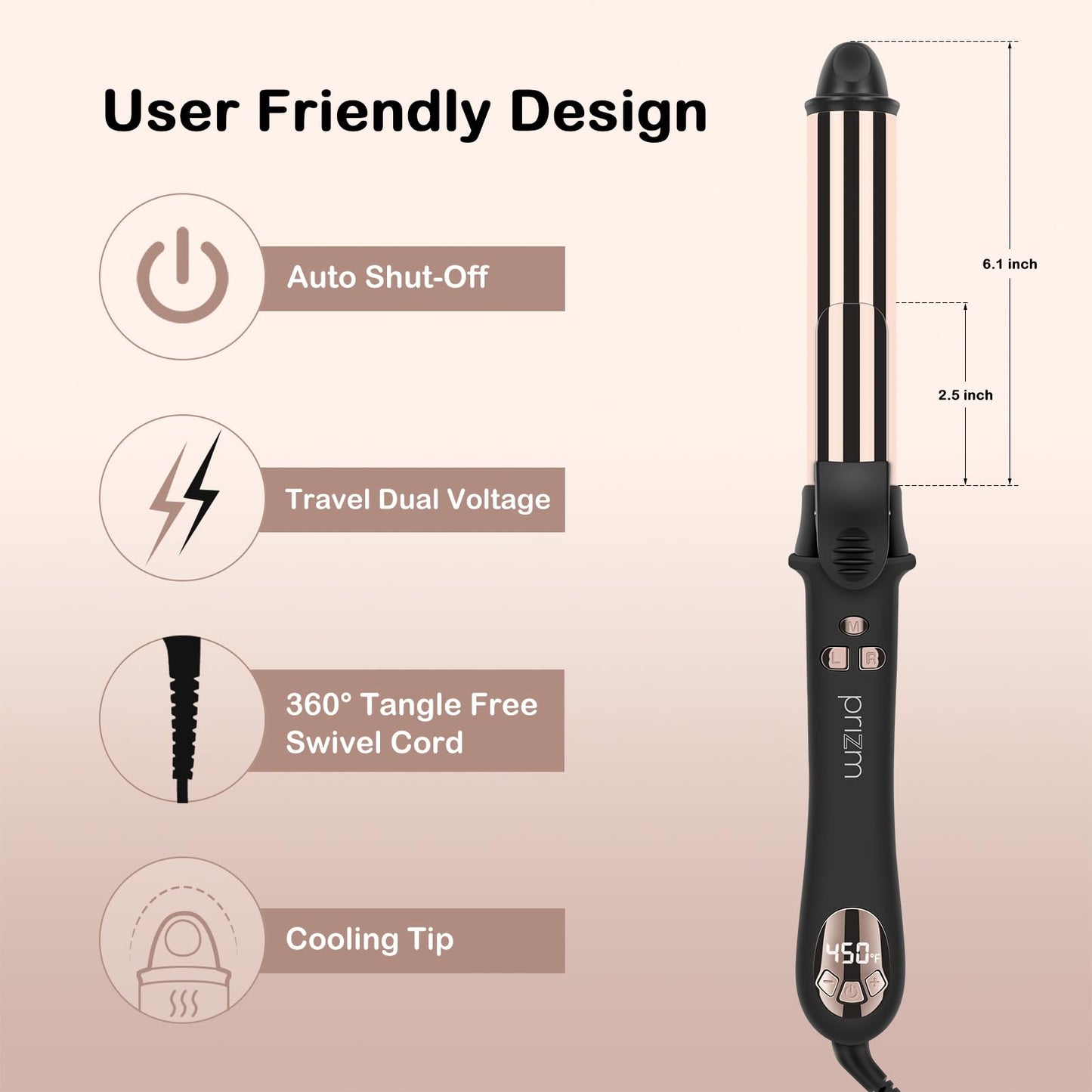 Prizm Professional 25MM Rotating Curling Iron, Nano Titanium Curling Wand, Automatic Hair Curler with 11 Adjustable Temps 250°F to 450°F, Anti Frizz Dual Voltage