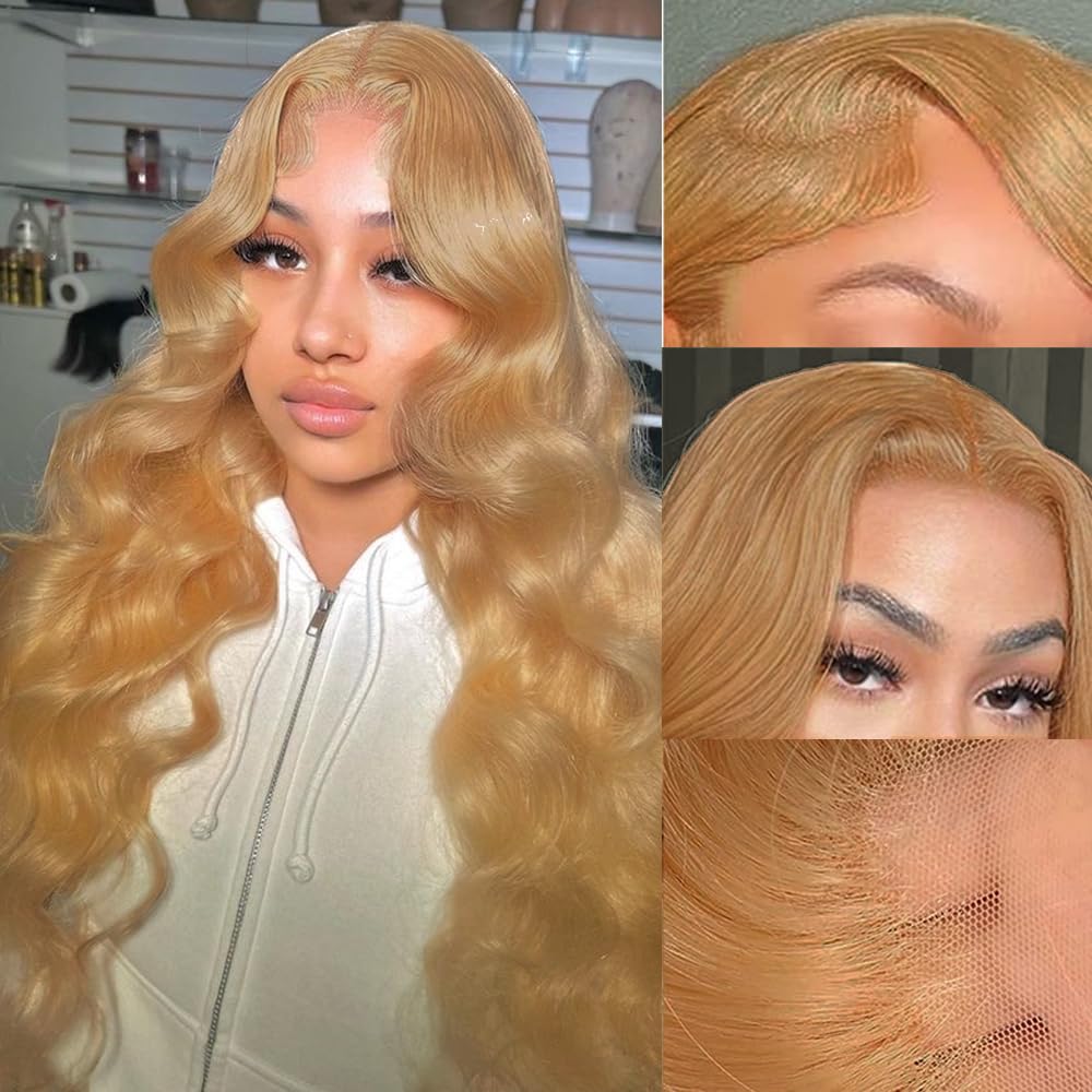 Highlight Ombre Lace Front Wigs Human Hair Pre Plucked with Baby Hair 13x4 Body Wave Frontal Wigs Human Hair 180% Density 4/27 Colored Honey Blonde Lace Front Wig for Women 22 Inch