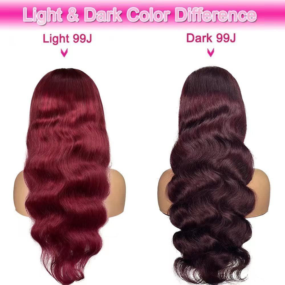 13x4 99J Burgundy Body Wave Lace Front Wigs Human Hair 180% Density Wine Red Color Wigs for Women HD Transparent Lace Front Wigs Glueless Human Hair Pre Plucked with Baby Hair (20inch)