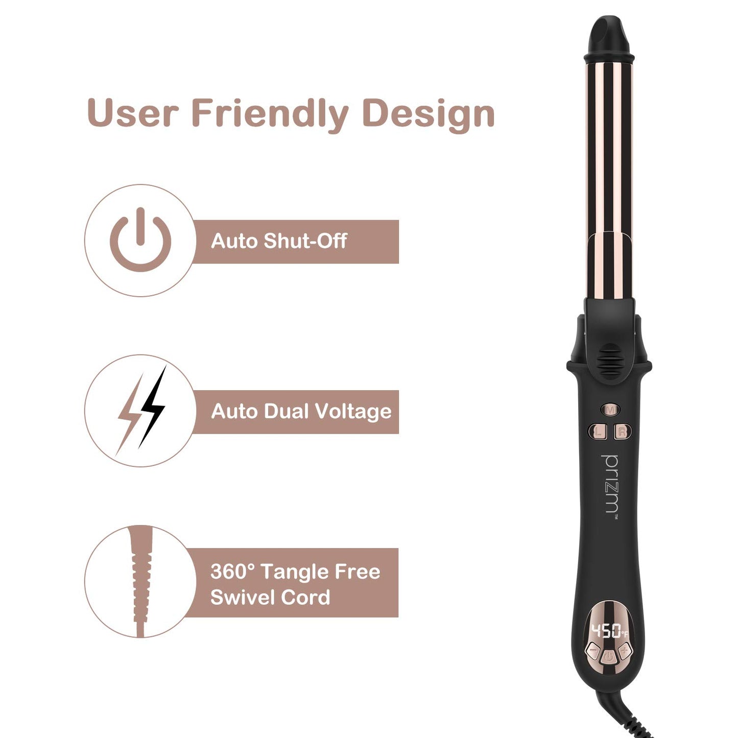 Prizm Professional 25MM Rotating Curling Iron, Nano Titanium Curling Wand, Automatic Hair Curler with 11 Adjustable Temps 250°F to 450°F, Anti Frizz Dual Voltage