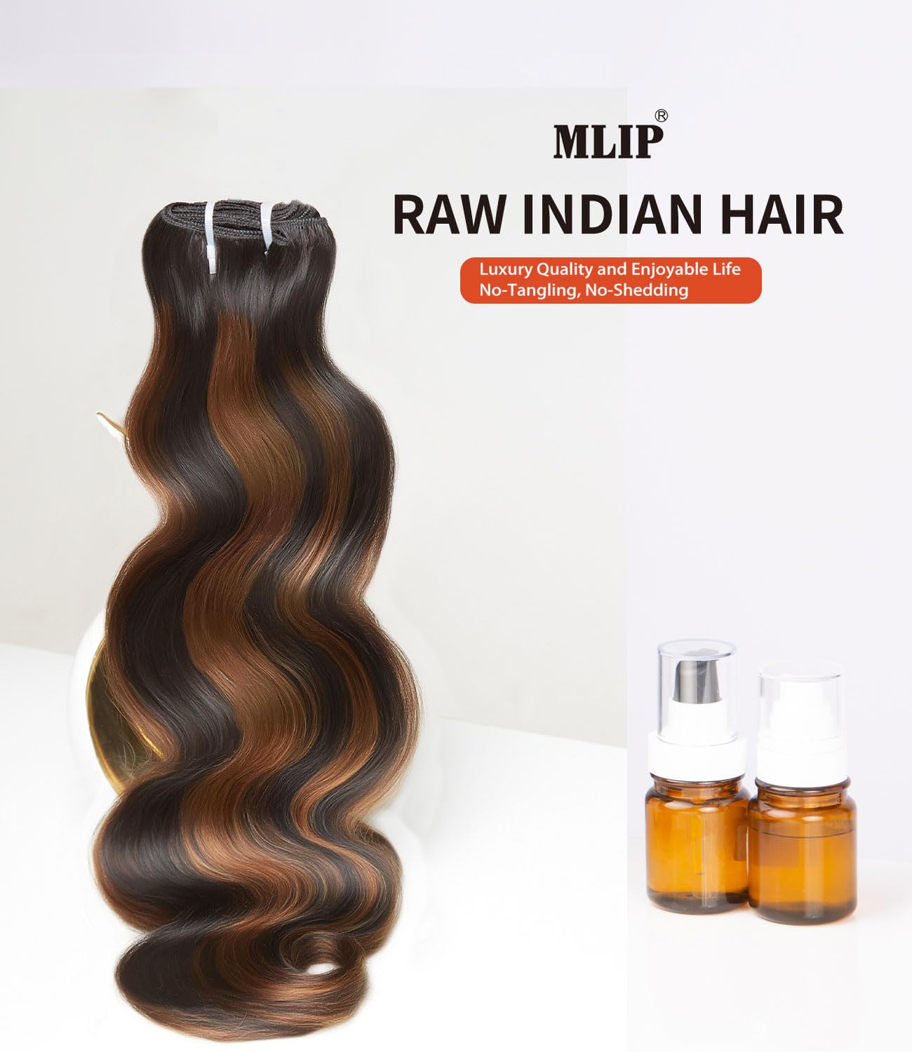 mlip Raw Bundles Human Hair Body Wave, No Tangle Shedding, Keep Texture Silky Soft After Multiple Washes, 15A Raw Indian Hair Bundles 18 Inches, Brown Highlight Bundles