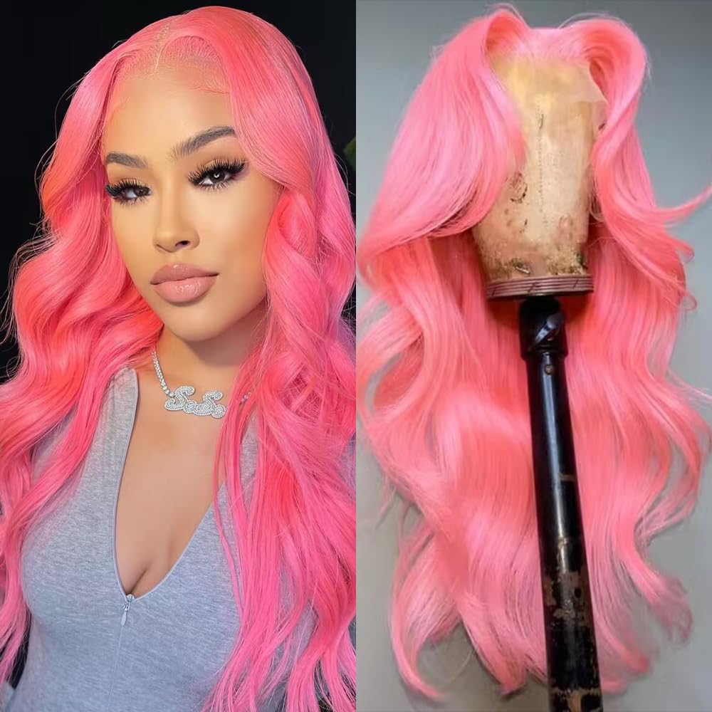 Pink Lace Front Wig Human Hair 13x4 Pink Wig Human Hair Pink Body Wave Lace Front Wigs Human Hair Pre Plucked Colored 12A 200 Density Pink HD Lace Frontal Wig Human Hair With Baby Hair 22 Inch