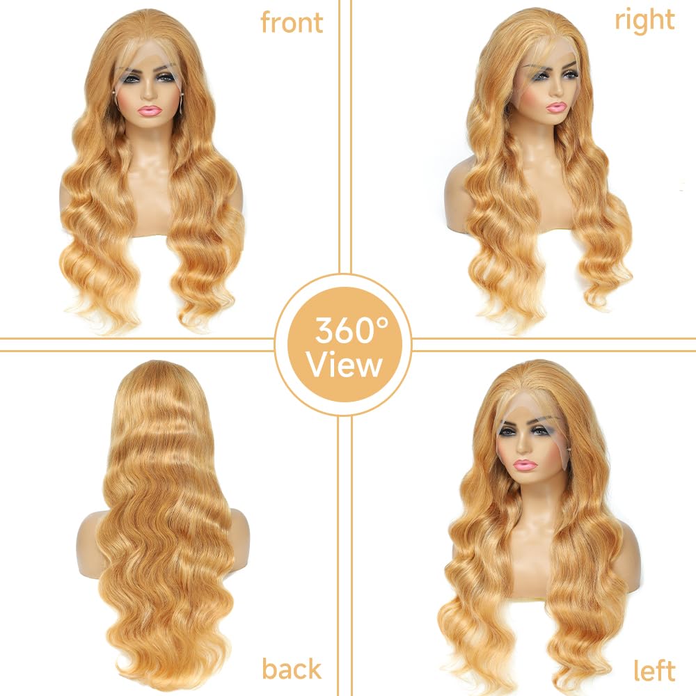 Highlight Ombre Lace Front Wigs Human Hair Pre Plucked with Baby Hair 13x4 Body Wave Frontal Wigs Human Hair 180% Density 4/27 Colored Honey Blonde Lace Front Wig for Women 22 Inch