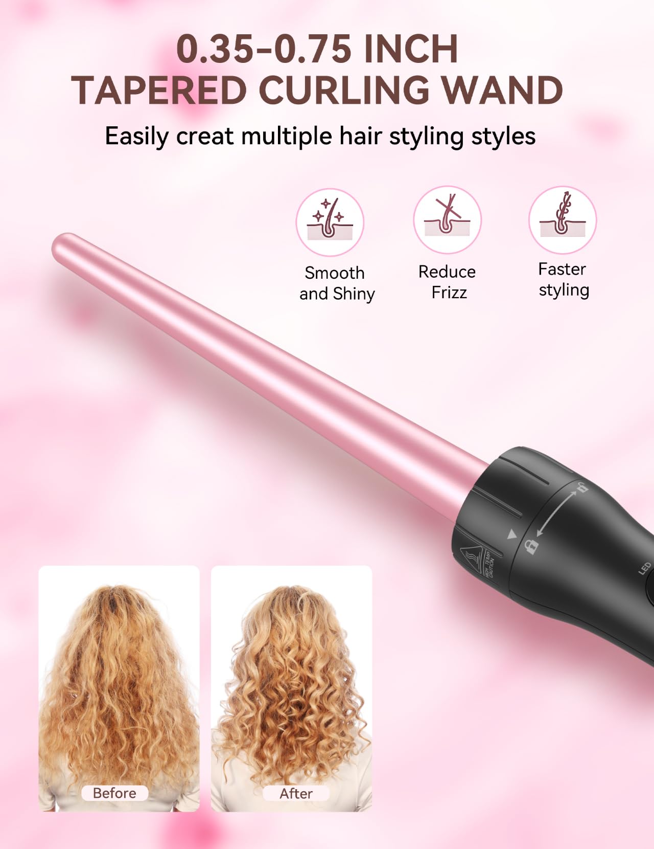 LANDOT 5-in-1 Curling Iron Wand Set: Hair Curler Set with Curling Thermal Brush 1-1/2 inch and 4 Interchangeable Ceramic Curling Wand (0.35”-1.25”) - Instant Heat Up Long Lasting Curls