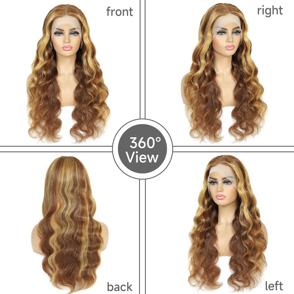 Highlight Ombre Lace Front Wigs Human Hair Pre Plucked with Baby Hair 13x4 Body Wave Frontal Wigs Human Hair 180% Density 4/27 Colored Honey Blonde Lace Front Wig for Women 22 Inch