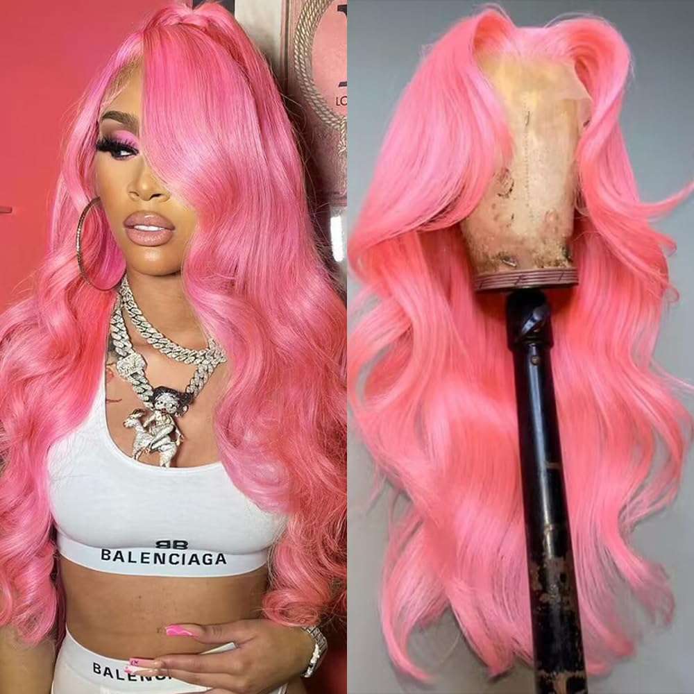 Pink Lace Front Wig Human Hair 13x4 Pink Wig Human Hair Pink Body Wave Lace Front Wigs Human Hair Pre Plucked Colored 12A 200 Density Pink HD Lace Frontal Wig Human Hair With Baby Hair 22 Inch