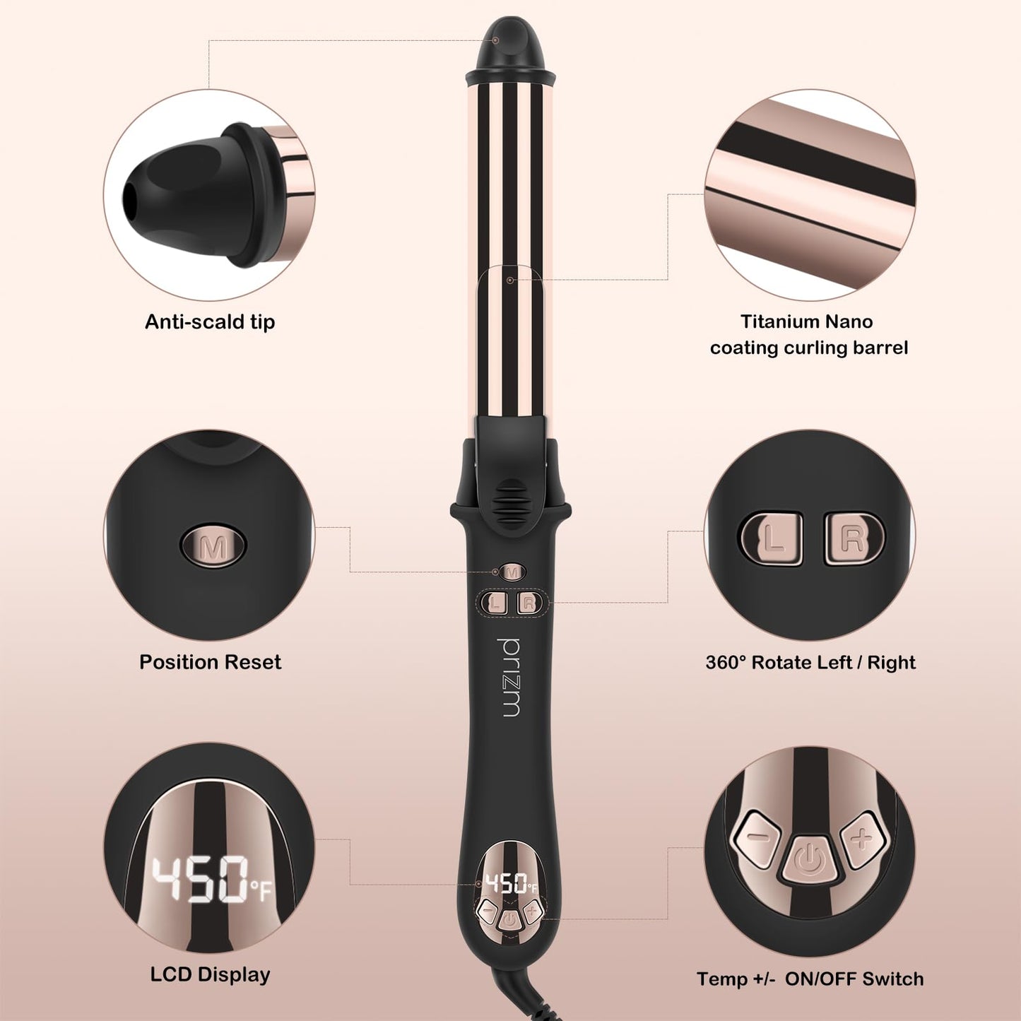 Prizm Professional 25MM Rotating Curling Iron, Nano Titanium Curling Wand, Automatic Hair Curler with 11 Adjustable Temps 250°F to 450°F, Anti Frizz Dual Voltage