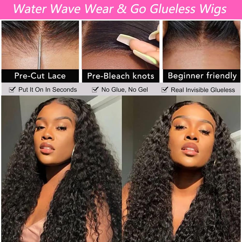 Water Wave 4x4 Lace Front Wigs Human Hair Pre Plucked, 180% Density Brazilian Virgin Wet and Wavy Wigs for Women Curly Wig with Baby Hair Natural Color 24 Inch