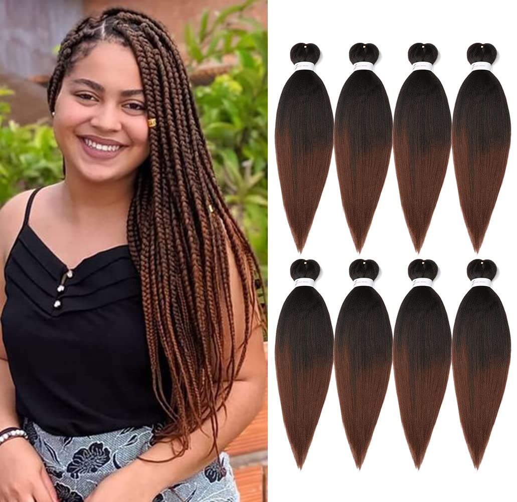 Braiding Hair Pre Stretched 24 Inch 8 Packs Ombre Braiding Hair Professional Soft Braiding Hair Yaki Texture, No Itch, Hot Water Setting Hair Extensions for Braids (24in,1B/30)