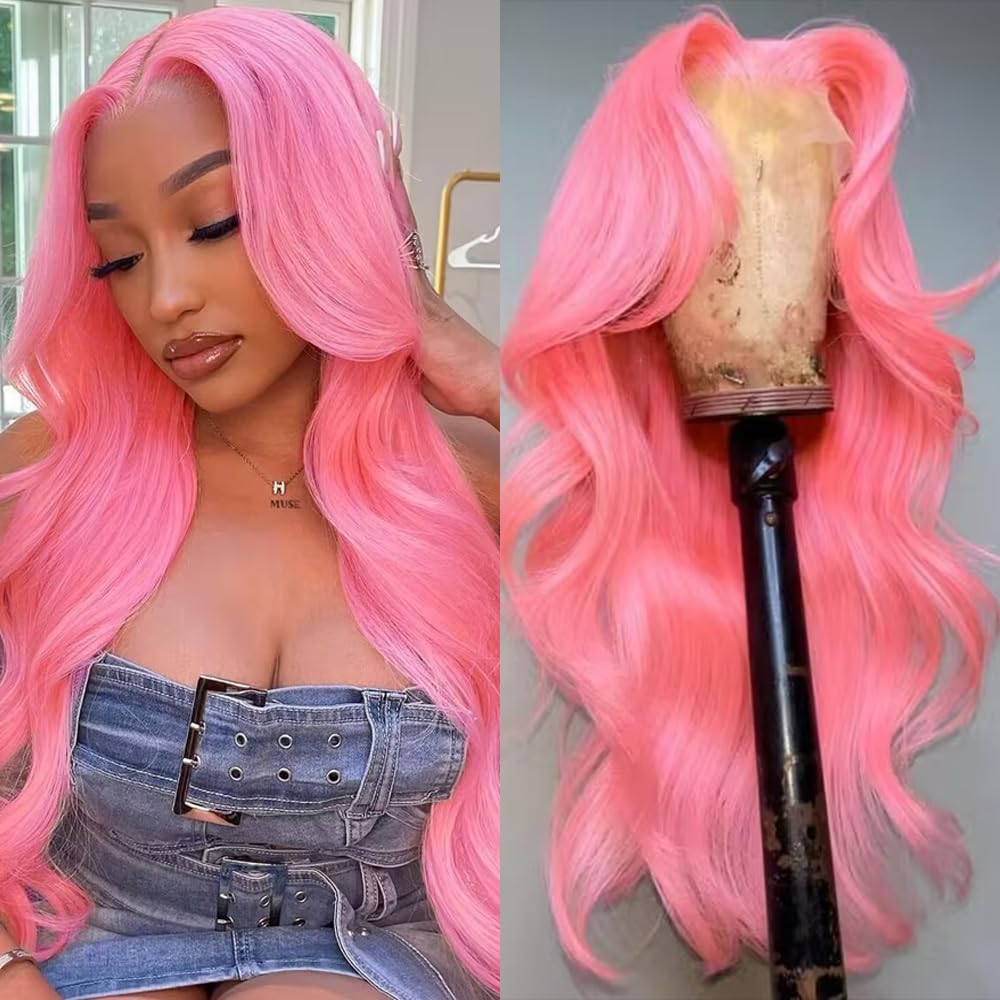 Pink Lace Front Wig Human Hair 13x4 Pink Wig Human Hair Pink Body Wave Lace Front Wigs Human Hair Pre Plucked Colored 12A 200 Density Pink HD Lace Frontal Wig Human Hair With Baby Hair 22 Inch