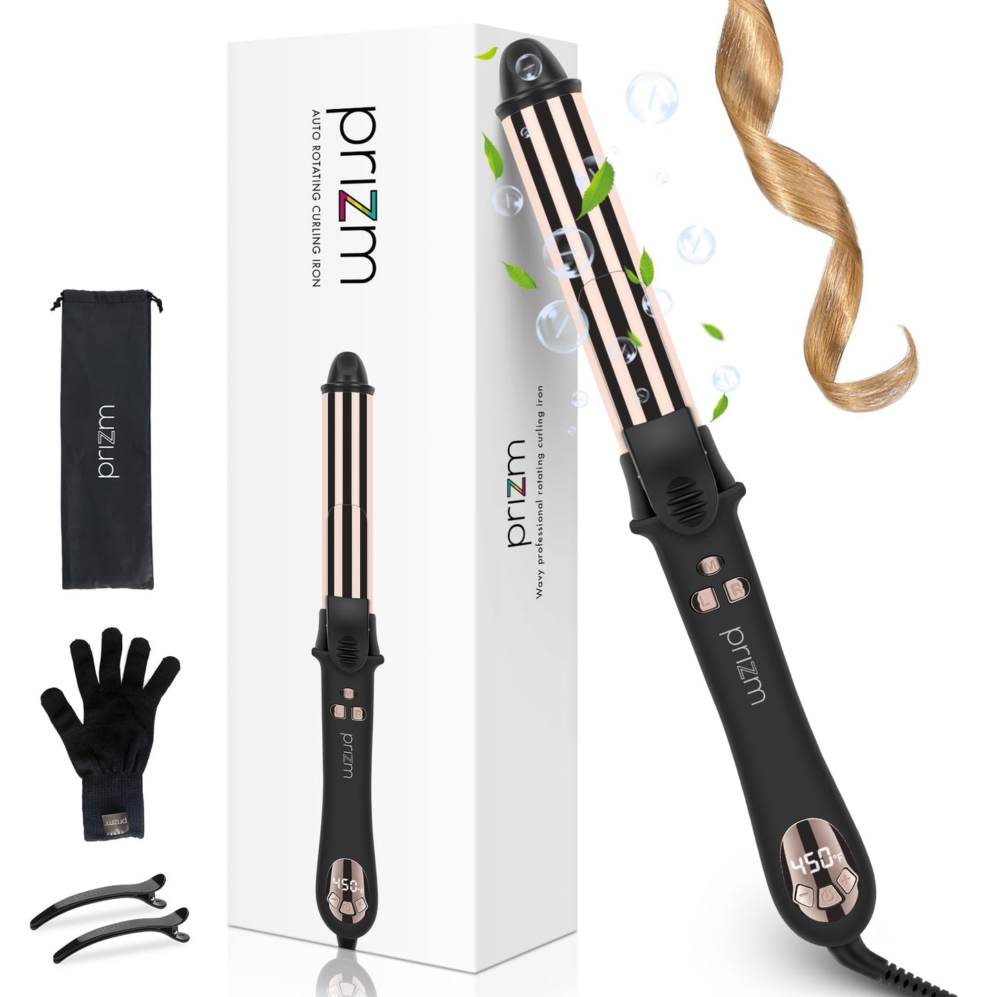 Prizm Professional 25MM Rotating Curling Iron, Nano Titanium Curling Wand, Automatic Hair Curler with 11 Adjustable Temps 250°F to 450°F, Anti Frizz Dual Voltage