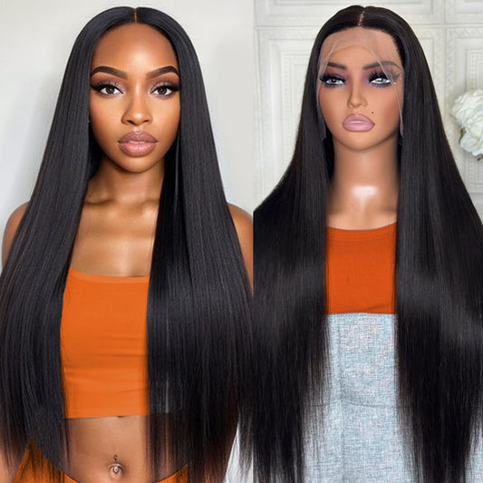 28 Inch 13x4 Straight Lace Front Wigs Human Hair 180% Density Pre Plucked Pre Cut Transparent Frontal Human Hair Wigs for Black Women with Baby Hair Natural Black