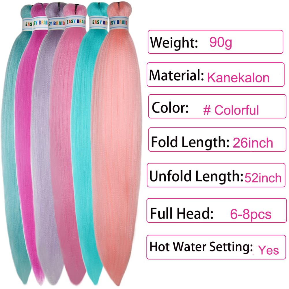 Colorful Braiding Hair Pre Stretched Colored Braiding Hair Extensions for Braids 26inch 6Pcs Knotless Braiding Hair Pre Stretched Rainbow Box Braiding Hair Pre Stretched