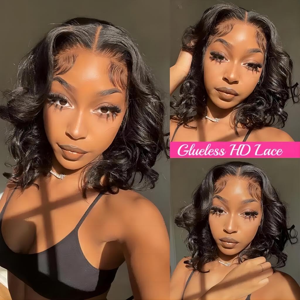 ISEE Wear and Go Glueless Wigs Human Hair Pre Plucked Pre Cut Short Bob Body Wave Lace Front Wigs Human Hair for Women Upgraded Glueless Bob Wig No Glue 6x4 HD Lace Closure Wigs (14 Inch)