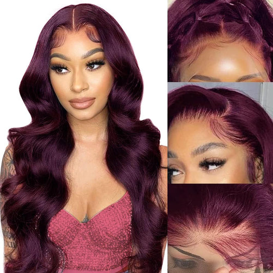 13x4 99J Burgundy Body Wave Lace Front Wigs Human Hair 180% Density Wine Red Color Wigs for Women HD Transparent Lace Front Wigs Glueless Human Hair Pre Plucked with Baby Hair (20inch)