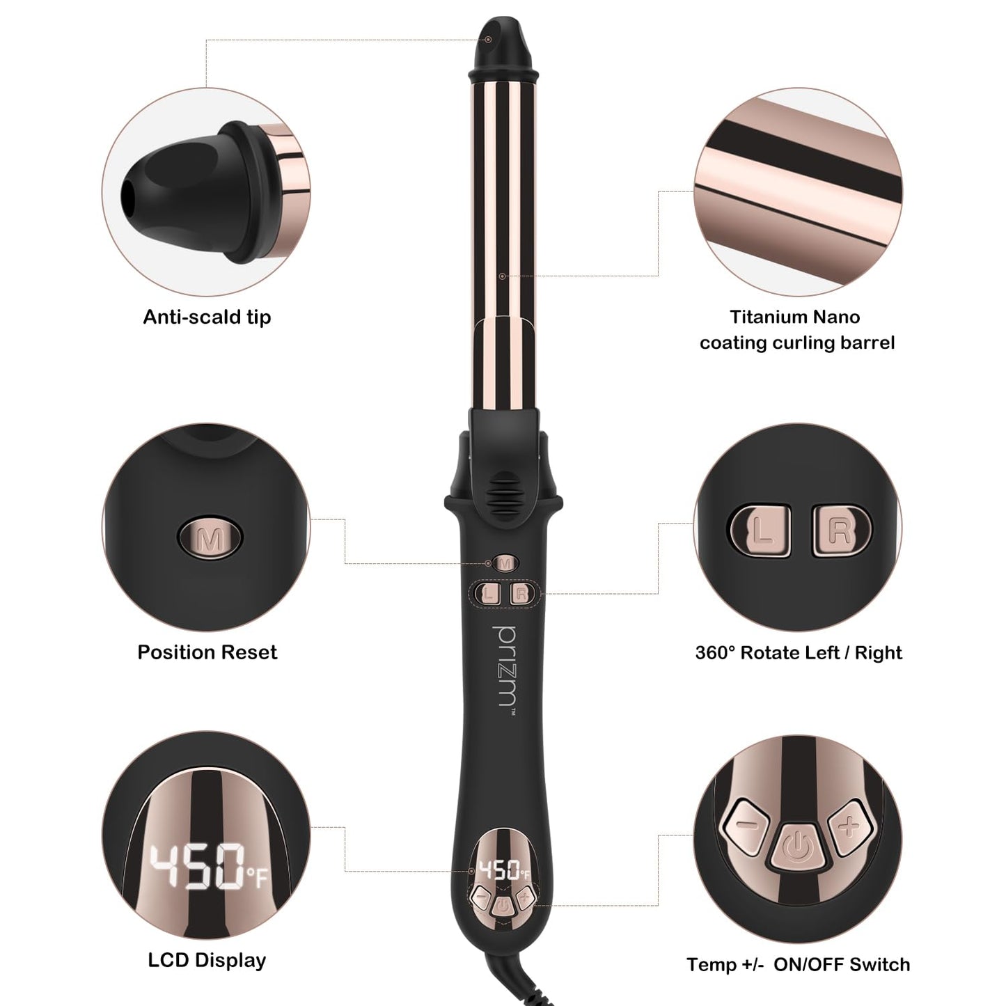 Prizm Professional 25MM Rotating Curling Iron, Nano Titanium Curling Wand, Automatic Hair Curler with 11 Adjustable Temps 250°F to 450°F, Anti Frizz Dual Voltage