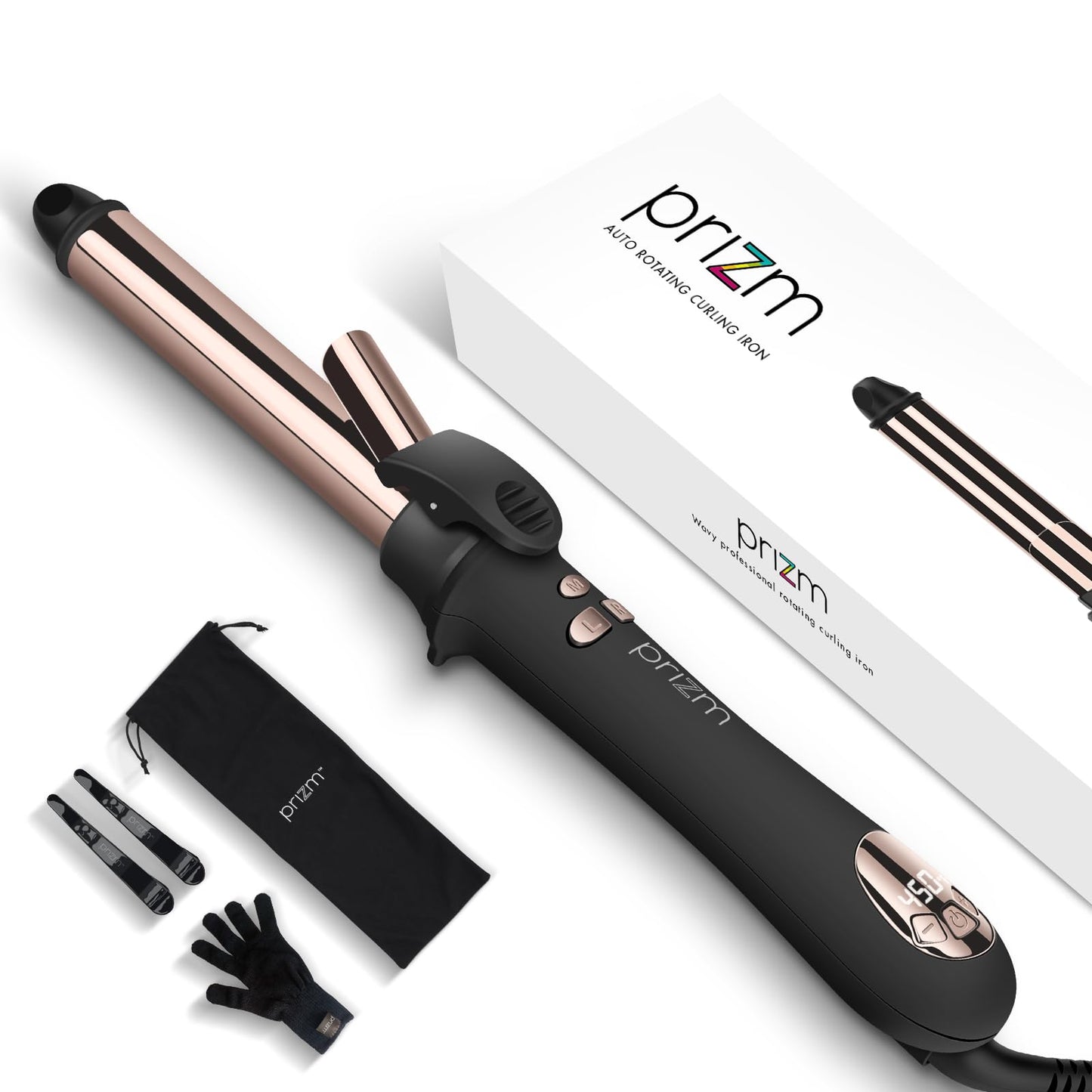 Prizm Professional 25MM Rotating Curling Iron, Nano Titanium Curling Wand, Automatic Hair Curler with 11 Adjustable Temps 250°F to 450°F, Anti Frizz Dual Voltage