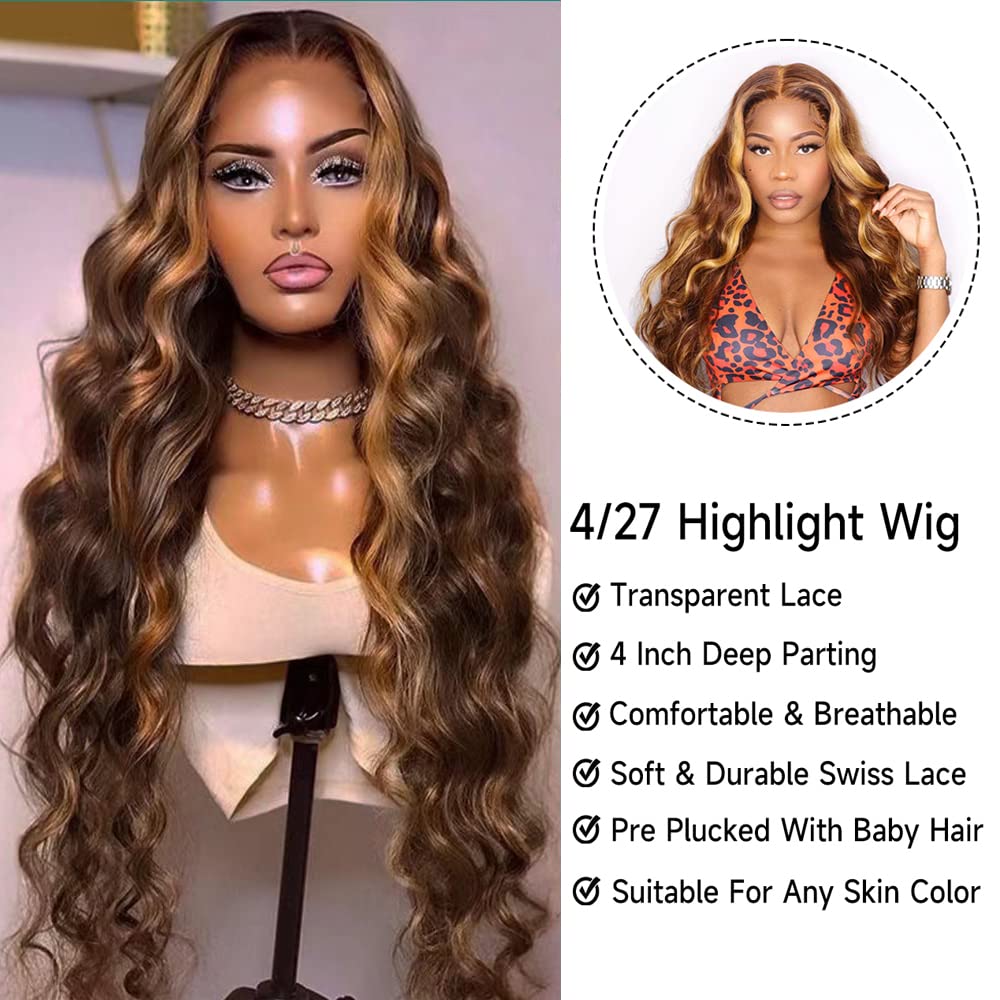 Highlight Ombre Lace Front Wigs Human Hair Pre Plucked with Baby Hair 13x4 Body Wave Frontal Wigs Human Hair 180% Density 4/27 Colored Honey Blonde Lace Front Wig for Women 22 Inch