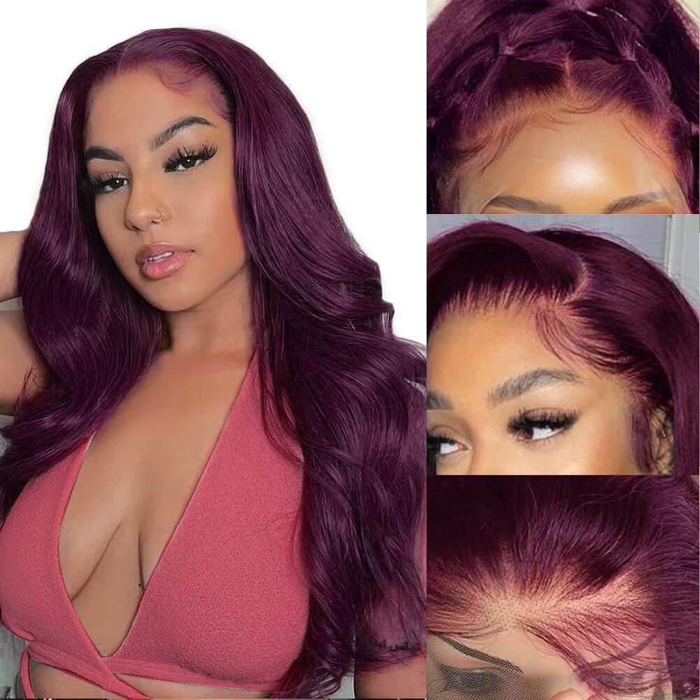 13x4 99J Burgundy Body Wave Lace Front Wigs Human Hair 180% Density Wine Red Color Wigs for Women HD Transparent Lace Front Wigs Glueless Human Hair Pre Plucked with Baby Hair (20inch)