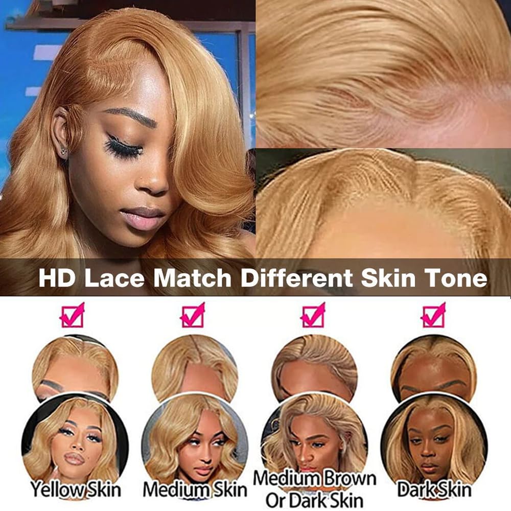 Highlight Ombre Lace Front Wigs Human Hair Pre Plucked with Baby Hair 13x4 Body Wave Frontal Wigs Human Hair 180% Density 4/27 Colored Honey Blonde Lace Front Wig for Women 22 Inch