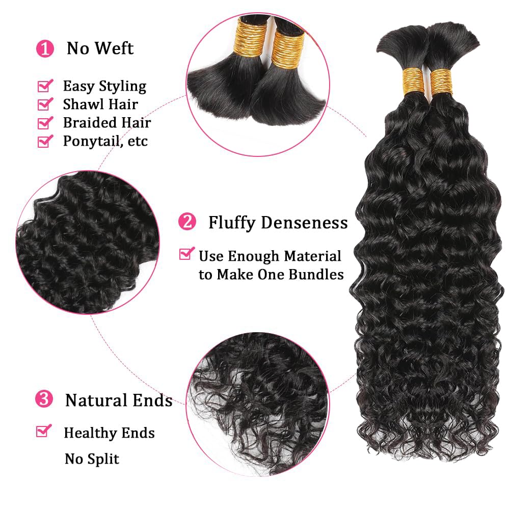 Human Braiding Hair 2 Bundles 100g 20Inch Deep Wave Bulk Human Hair for Braiding No Weft Curly Braiding Hair Bulk Curly Human Hair for Boho Braids 12A Brazilian Virgin Hair Extensions Natural Color