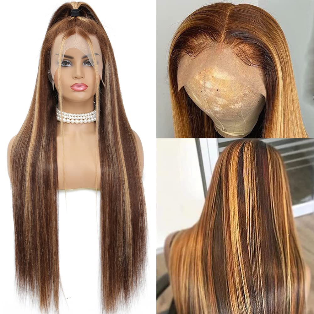 Ombre Highlight Lace Front Wig Human Hair 13x4 Glueless Transparent HD Lace Frontal Wigs Pre Plucked With Baby Hair Straight Brazilian Blonde 4/27 Human Hair Wigs 180% Density for Black Women 22 Inch