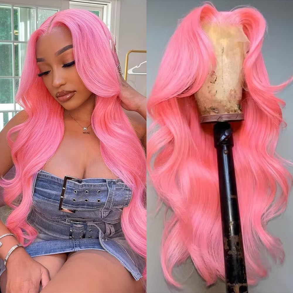 Pink Lace Front Wig Human Hair 13x4 Pink Wig Human Hair Pink Body Wave Lace Front Wigs Human Hair Pre Plucked Colored 12A 200 Density Pink HD Lace Frontal Wig Human Hair With Baby Hair 22 Inch