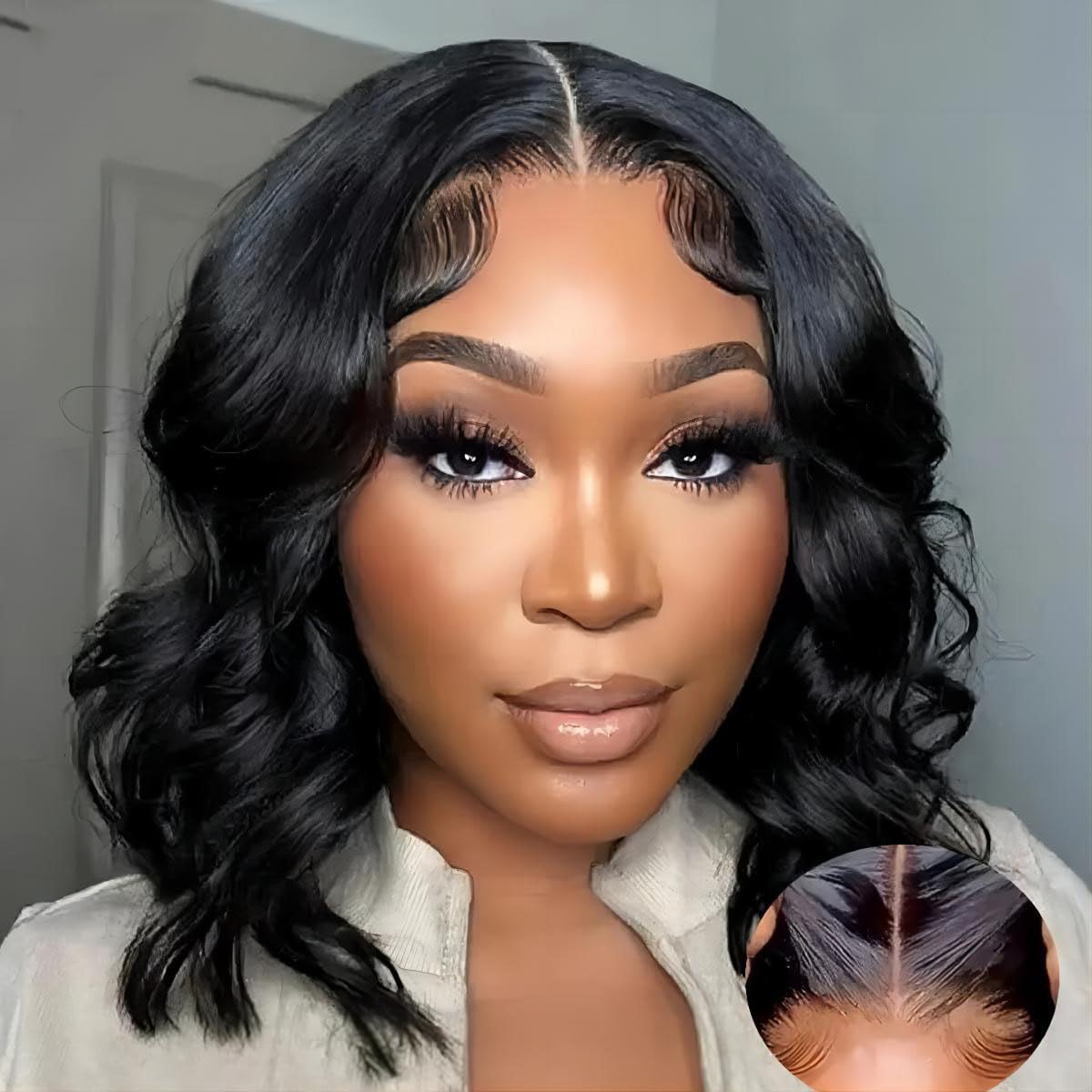 ISEE Wear and Go Glueless Wigs Human Hair Pre Plucked Pre Cut Short Bob Body Wave Lace Front Wigs Human Hair for Women Upgraded Glueless Bob Wig No Glue 6x4 HD Lace Closure Wigs (14 Inch)